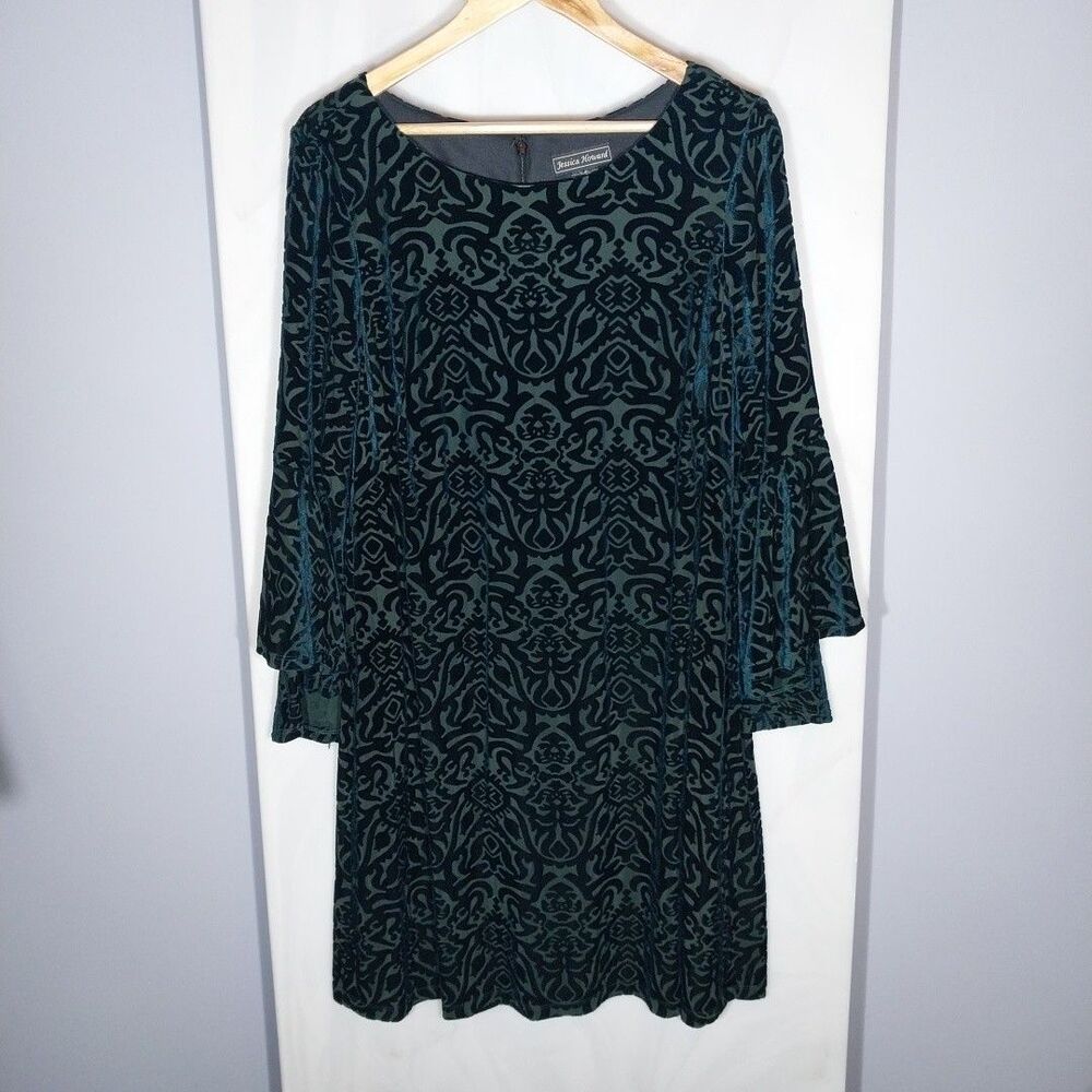 Jessica Howard Velvet Burnout Damask Dress 16W Hunter Green Witchy Whimsigoth